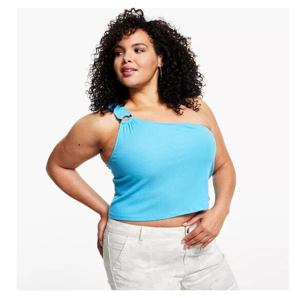 LOVE, FIRE Trendy Plus Size One-Shoulder Blue Ribbed O-Ring Crop Tank 2x - Picture 1 of 3